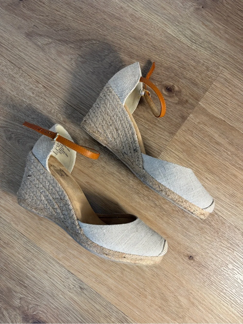Croft & Barrow Linen Wedge Espadrille Sandals in Natural with Tan Ankle Strap 9.
